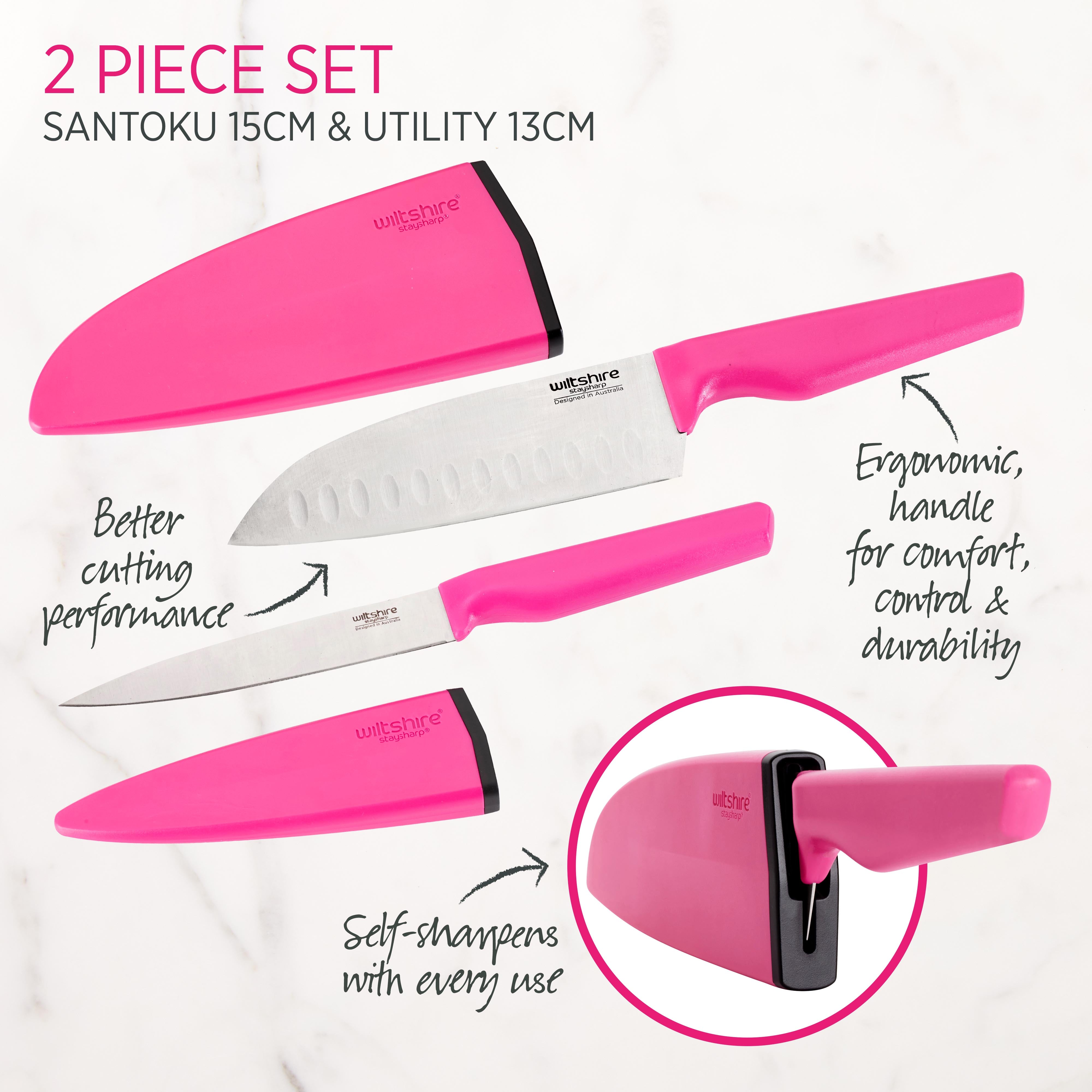 Staysharp Pink Duo Set Santoku & Utility Knife 2 Piece