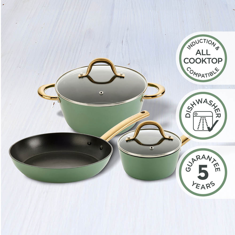 Easycook Basil & Gold Non-Stick Cookware Set 3 Piece