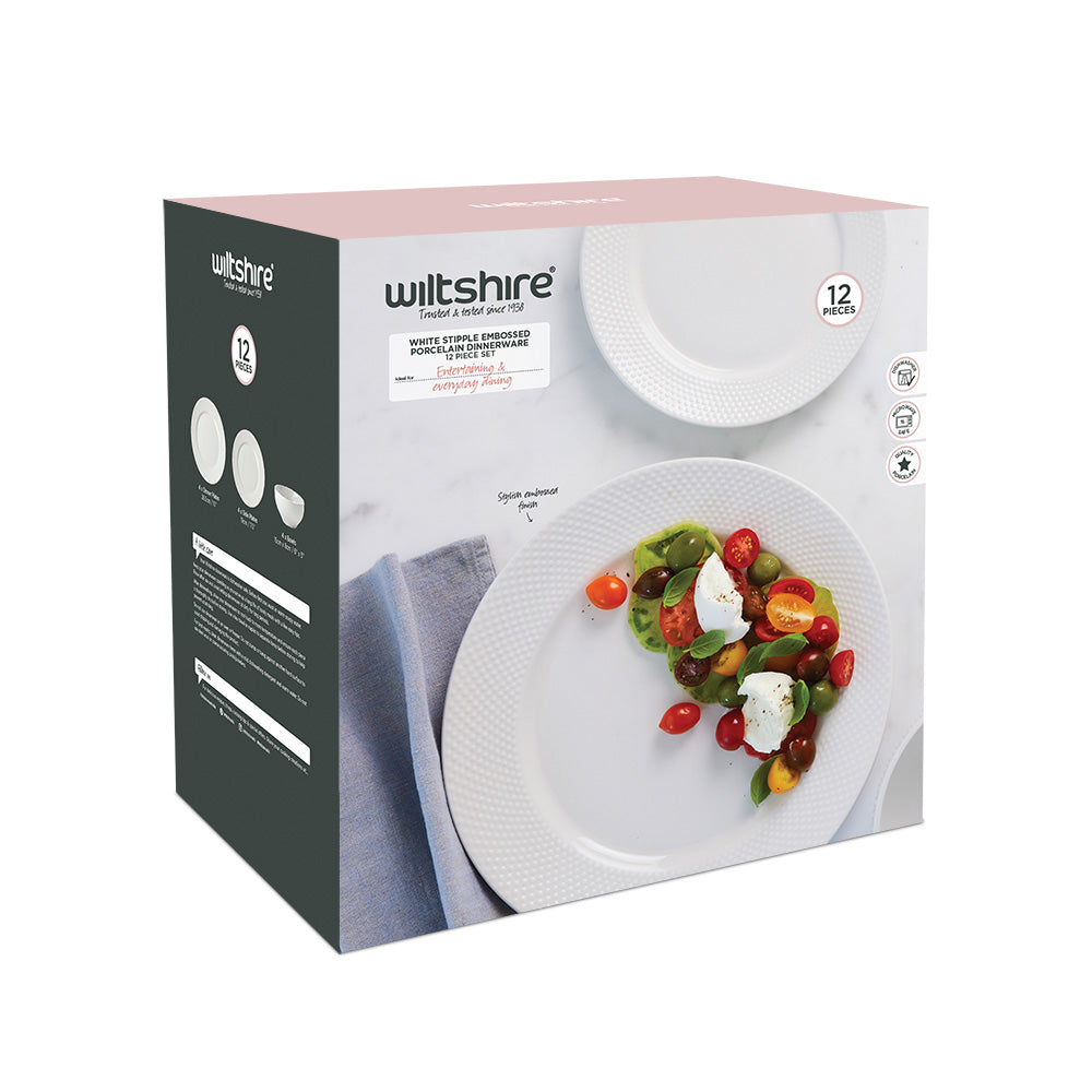 White Stipple Embossed 12 Piece Dinner Set